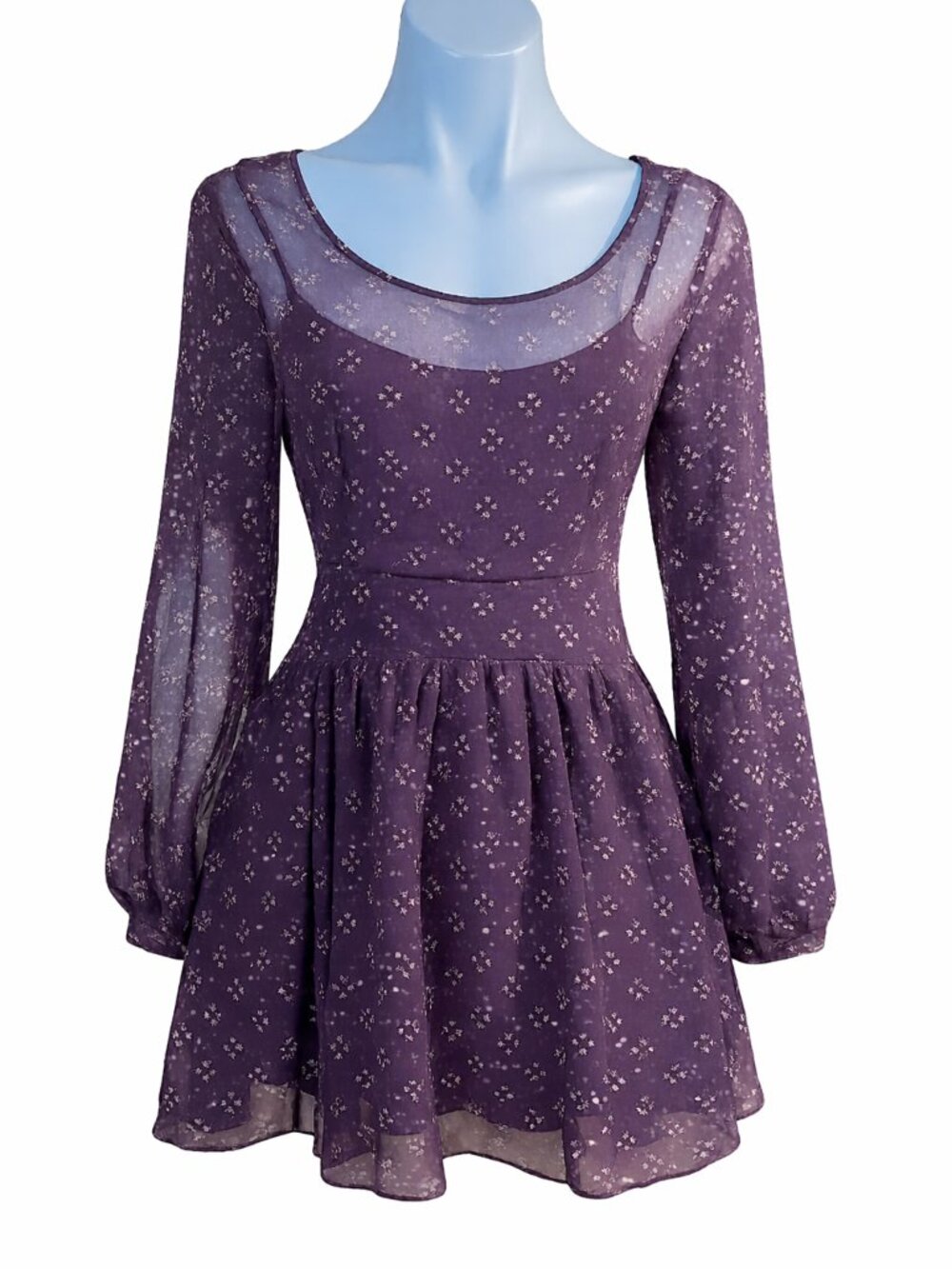 Free People Dress XS Purple Floral Chiffon Long Sleeve Babydoll Mini Boho Sheer
